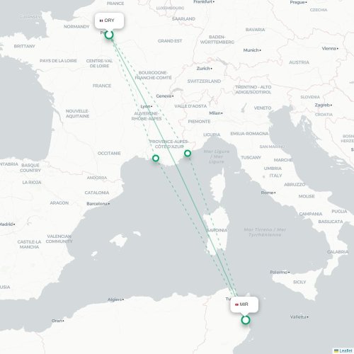 Mapa lotu bezpośredniego Paryż – Monastyr