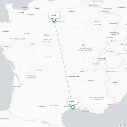 Mapa lotu bezpośredniego Paryż – Montpellier