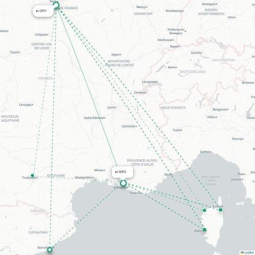 Mapa lotu bezpośredniego Paryż – Marsylia