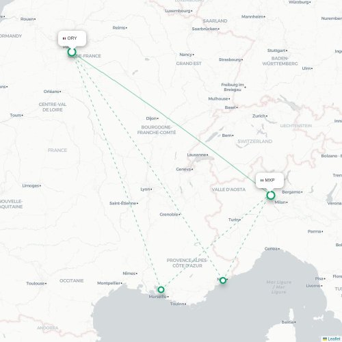Mapa lotu bezpośredniego Paryż – Mediolan