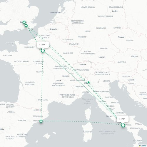 Mapa lotu bezpośredniego Paryż – Neapol