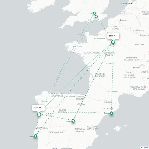 Mapa de vuelo directo París - Oporto