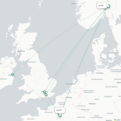 Mapa de vuelo directo París - Oslo