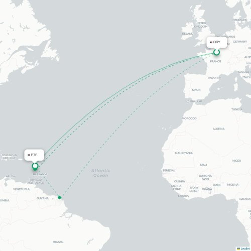 Mapa de vuelo directo París - Pointe-à-Pitre