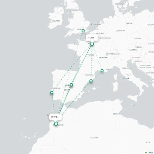 Mapa de vuelo directo París - Marrakech