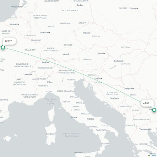 Mapa de vuelo directo París - Sofía