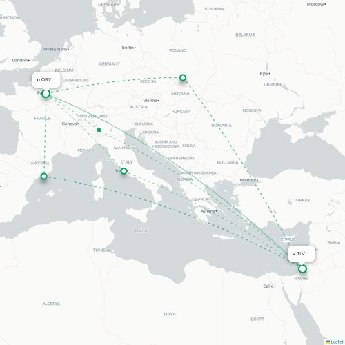 Mapa lotu bezpośredniego Paryż – Tel Awiw