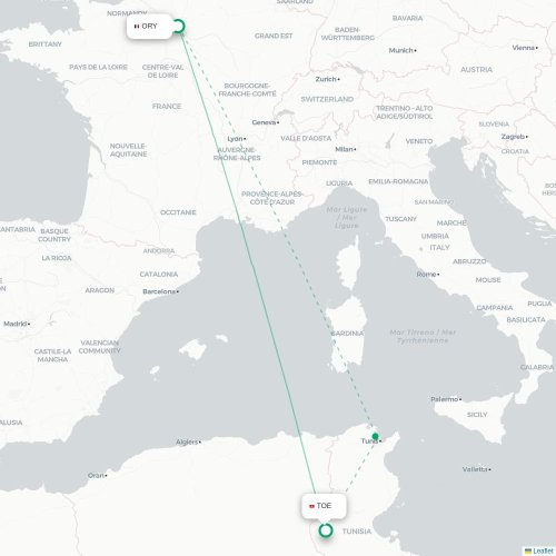 Mapa lotu bezpośredniego Paryż – Tozeur
