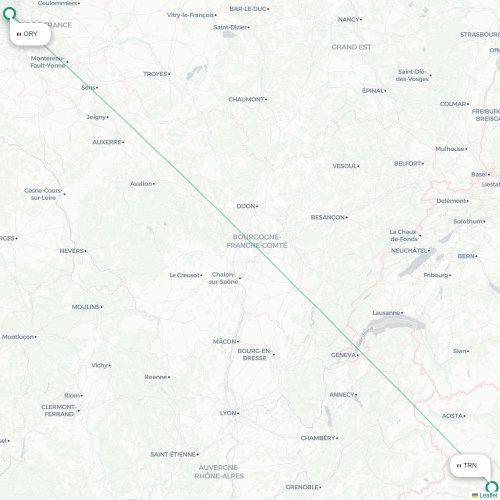 Mapa de vuelo directo París - Turín, Torino