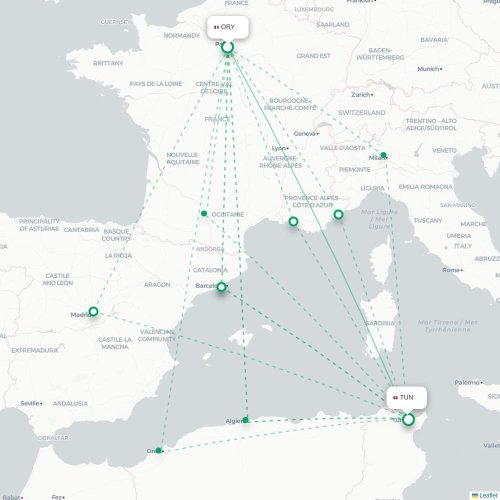 Mapa lotu bezpośredniego Paryż – Tunis