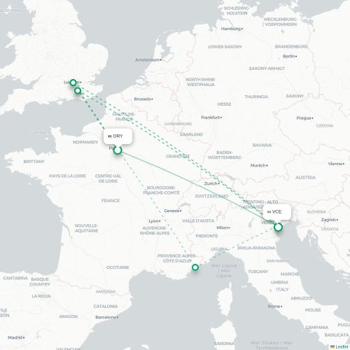 Mapa lotu bezpośredniego Paryż – Wenecja