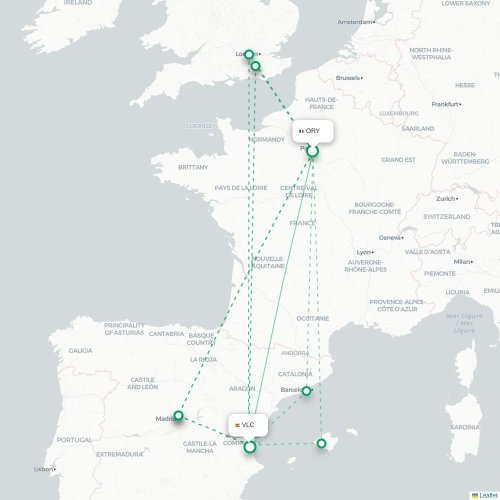 Mapa de vuelo directo París - Valencia