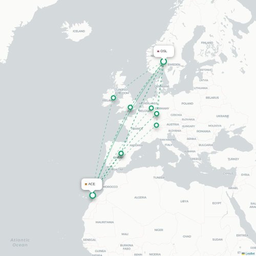 Mapa de vuelo directo Oslo - Arrecife