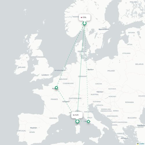 Mapa de vuelo directo Oslo - Ajaccio