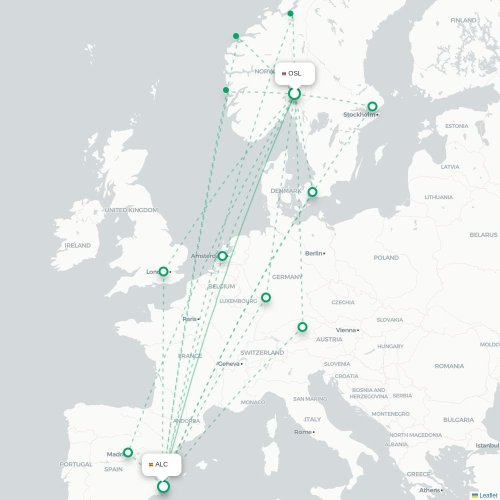 Mapa de vuelo directo Oslo - Alicante