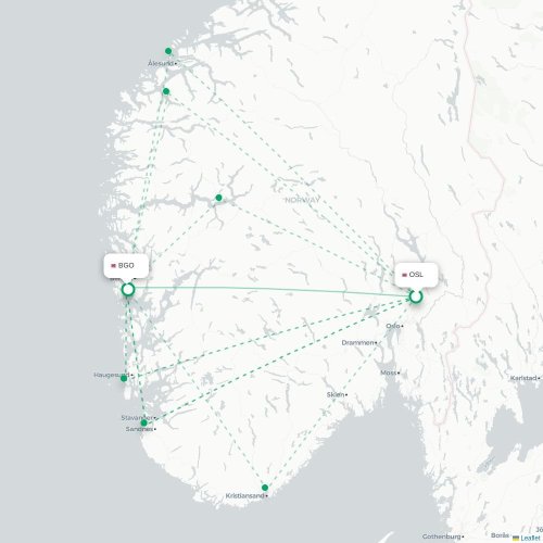 Mapa de vuelo directo Oslo - Bergen