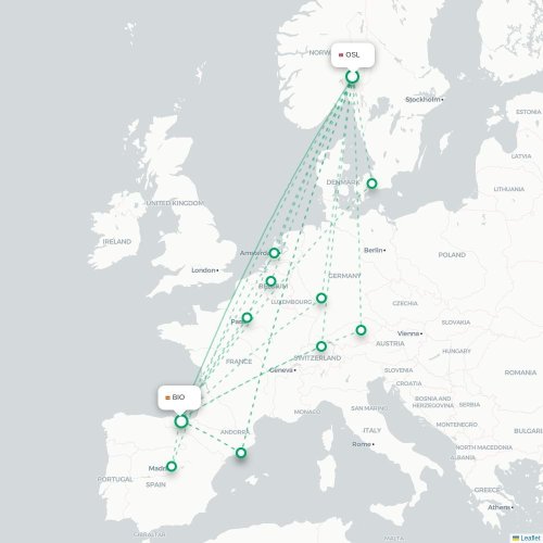 Mapa de vuelo directo Oslo - Bilbao