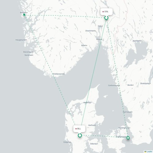 Mapa de vuelo directo Oslo - Billund