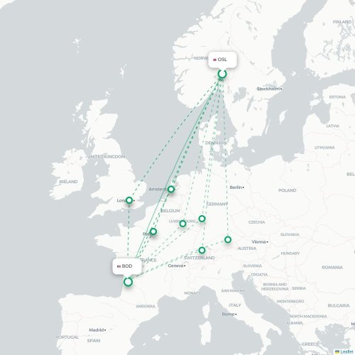 Mapa de vuelo directo Oslo - Burdeos