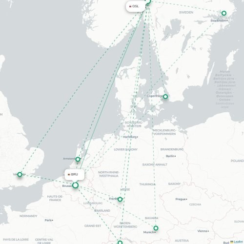 Mapa de vuelo directo Oslo - Bruselas