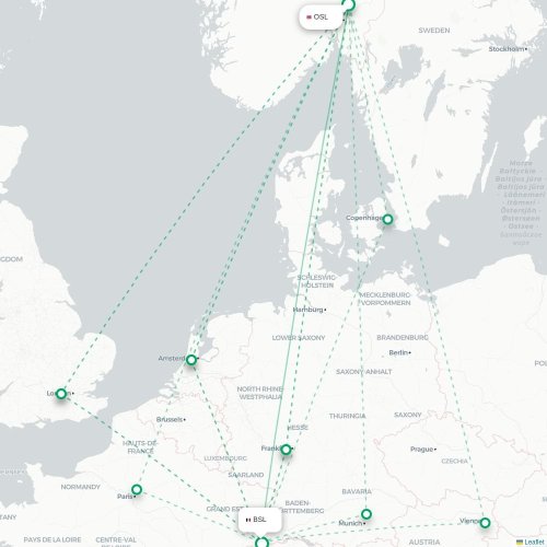 Mapa de vuelo directo Oslo - Basilea, Suiza