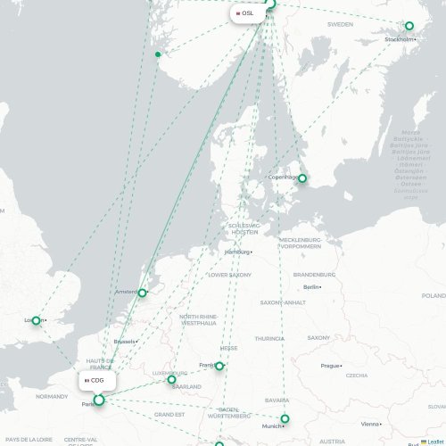 Mapa de vuelo directo Oslo - París
