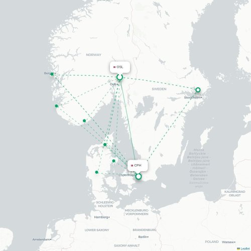 Mapa de vuelo directo Oslo - Copenhague