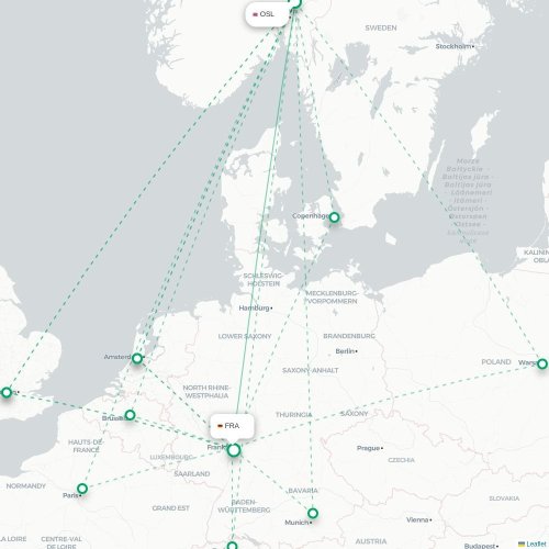 Mapa de vuelo directo Oslo - Fráncfort