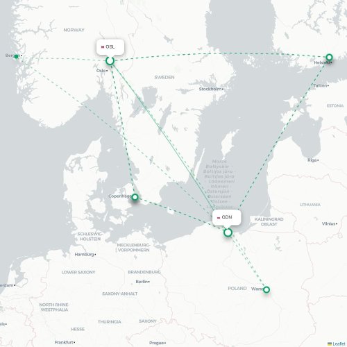 Mapa de vuelo directo Oslo - Gdansk