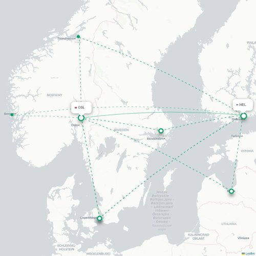 Mapa de vuelo directo Oslo - Helsinki