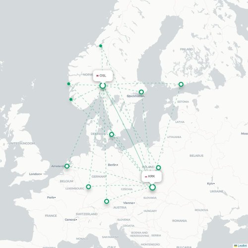 Mapa de vuelo directo Oslo - Cracovia
