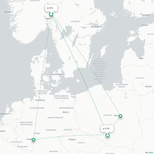 Mapa de vuelo directo Oslo - Katowice