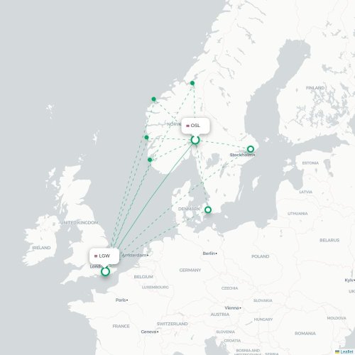 Mapa de vuelo directo Oslo - Londres