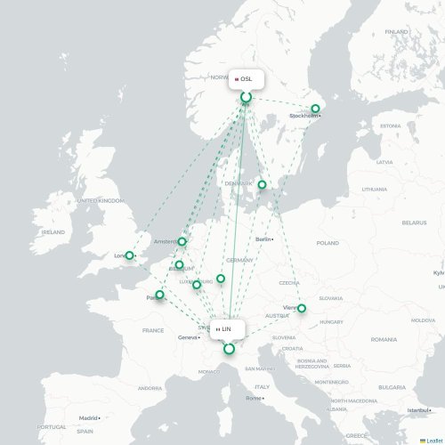 Oslo - Milano karta över direktflyg