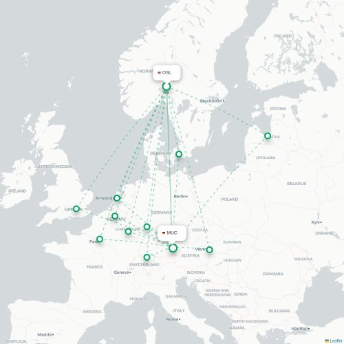 Mapa de vuelo directo Oslo - Múnich