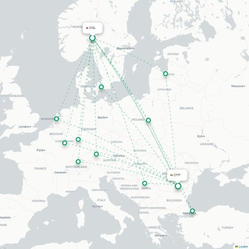 Mapa de vuelo directo Oslo - Bucarest