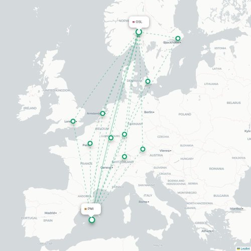 Mapa de vuelo directo Oslo - Palma