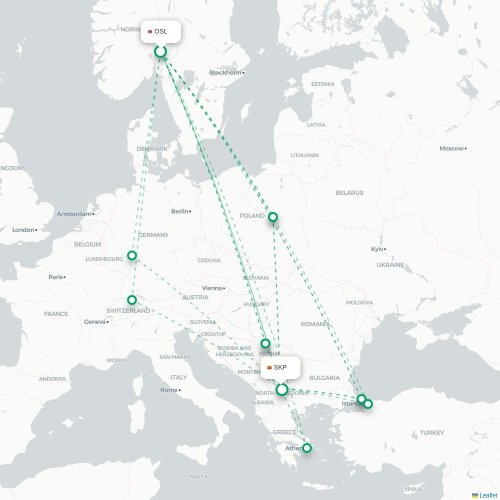 Oslo - Skopje karta över direktflyg