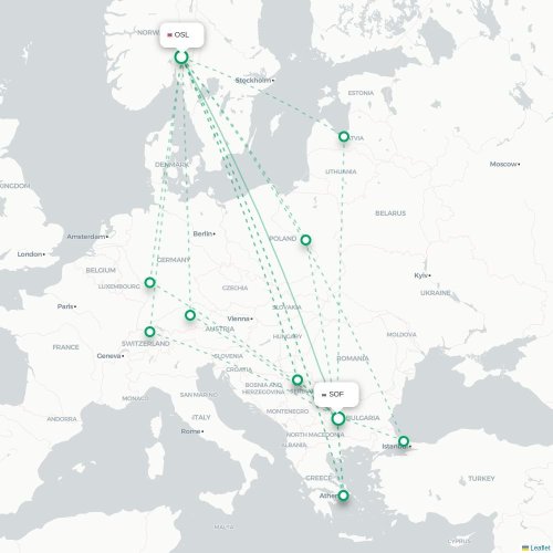 Mapa lotu bezpośredniego Oslo – Sofia