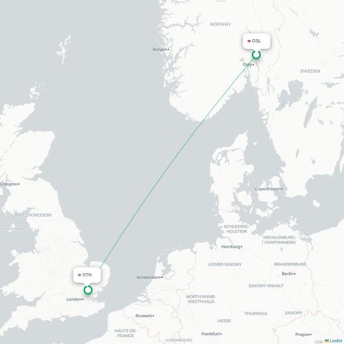 Mapa de vuelo directo Oslo - Londres