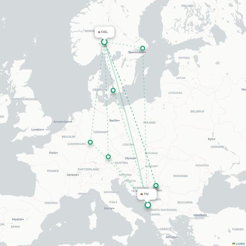 Mapa de vuelo directo Oslo - Tivat