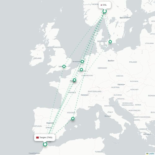 Mapa lotu bezpośredniego Oslo – Tanger