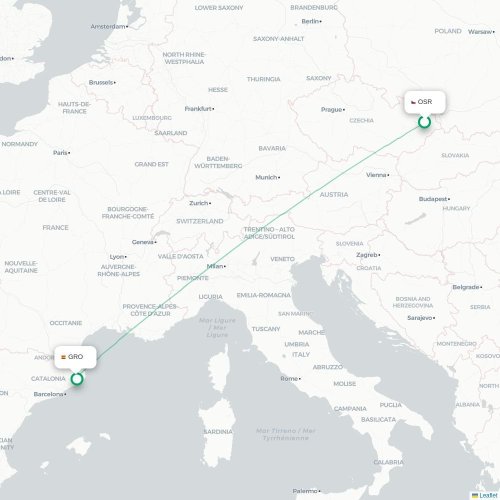 Mapa lotu bezpośredniego Ostrawa – Girona