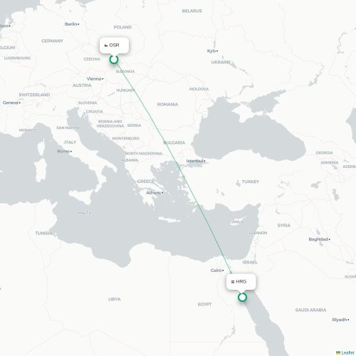 Mapa lotu bezpośredniego Ostrawa – Hurghada