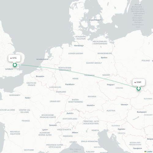 Mapa lotu bezpośredniego Ostrawa – Londyn