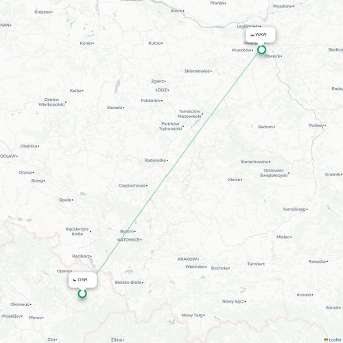 Mapa lotu bezpośredniego Ostrawa – Warszawa