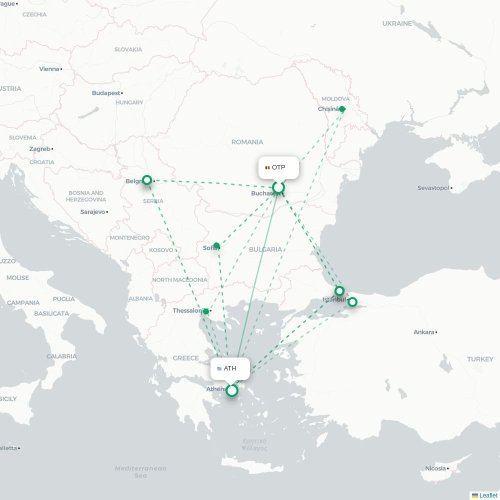 Mapa de vuelo directo Bucarest - Atenas