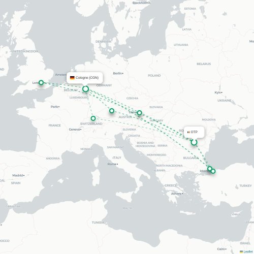 Mapa de vuelo directo Bucarest - Colonia
