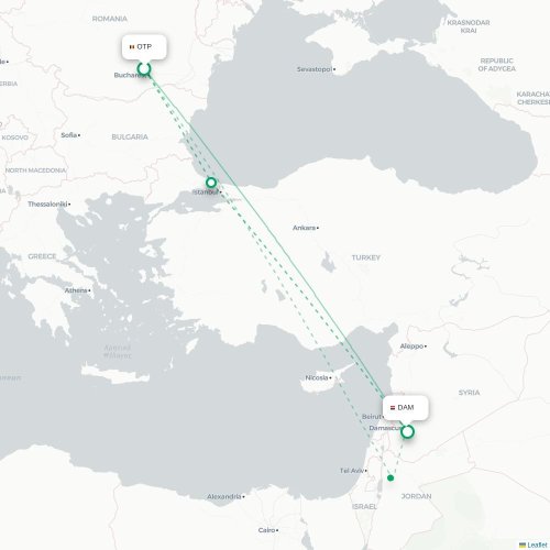 Mapa de vuelo directo Bucarest - Damasco