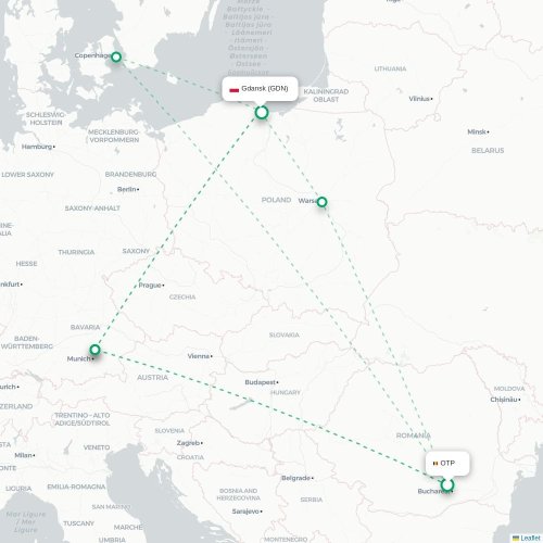 Mapa lotu bezpośredniego Bukareszt – Gdańsk